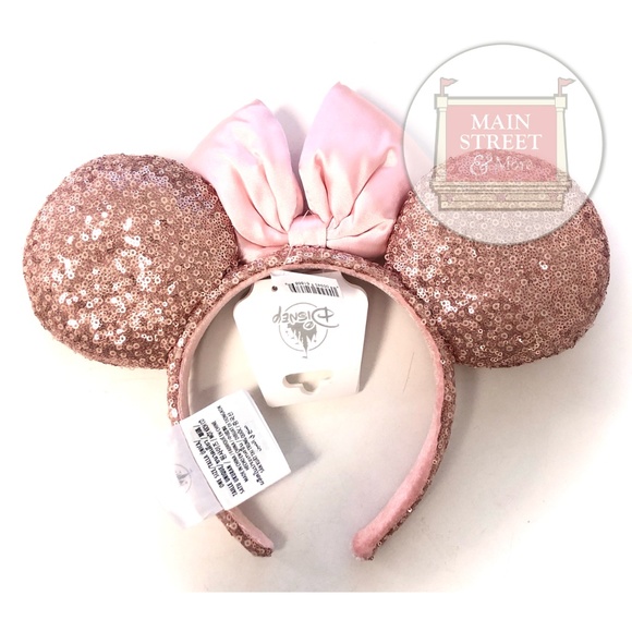 2022 Disney Parks Rose Gold Sequin Pink Bow Minnie Mouse Ears Headband - NEW - Picture 2 of 2